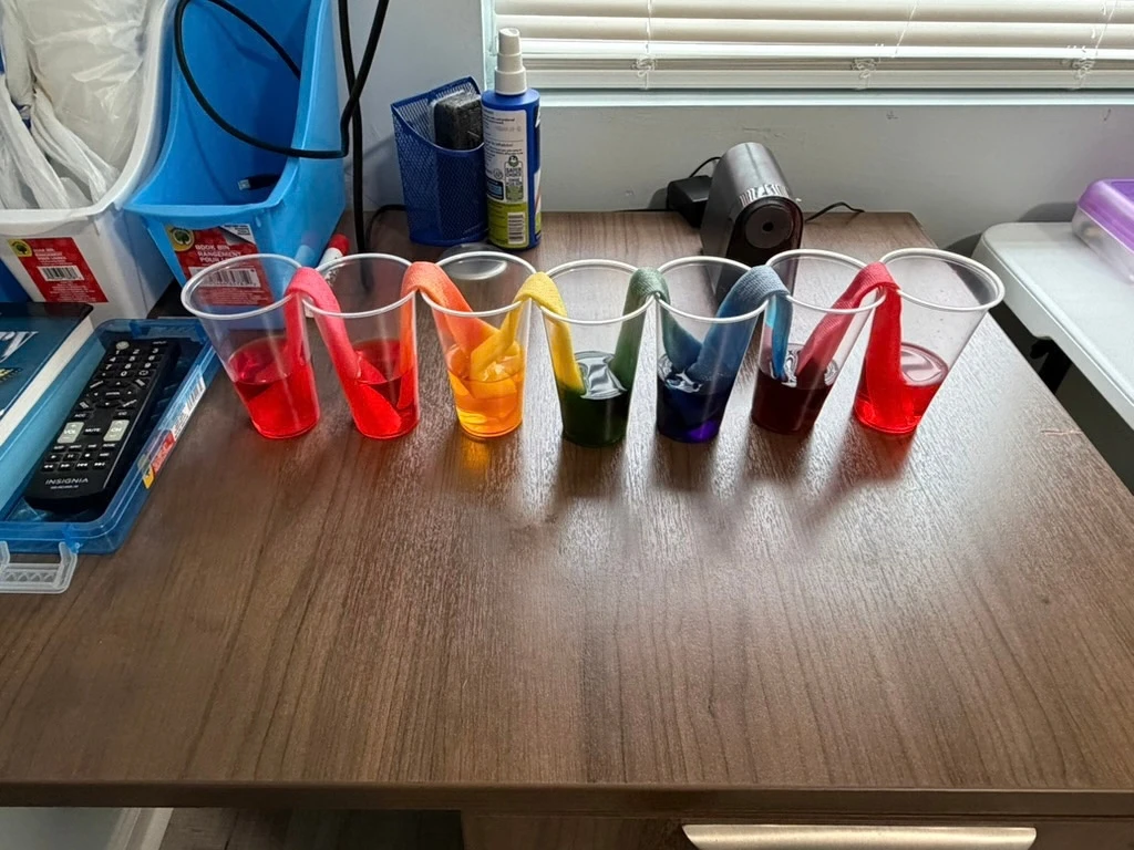 A rainbow experiment with colored water and paper towels